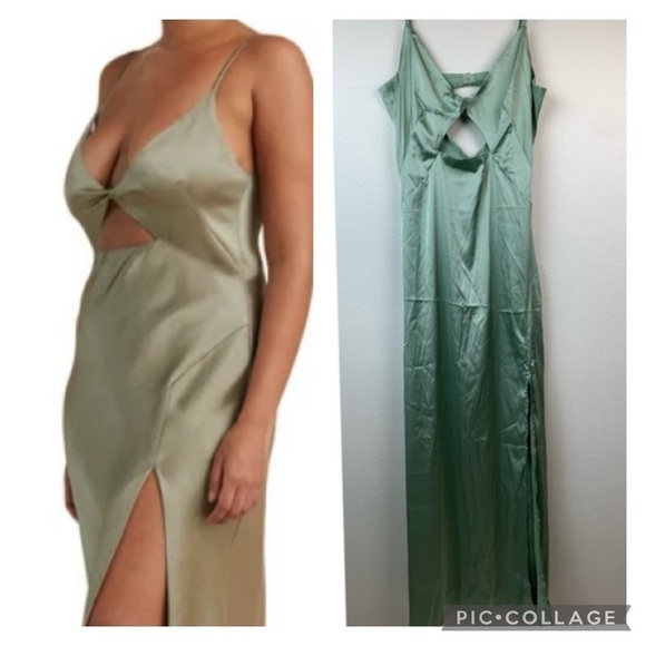 Amazon Dresses & Skirts - NWT Olive, mossy maxi slip dress, spaghetti strap deep V Neck thigh slit hem